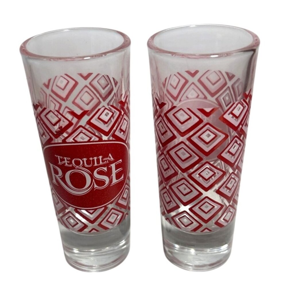 Tequila Rose Shot Glasses With Red Geometric Diamond Pattern Set Of 2